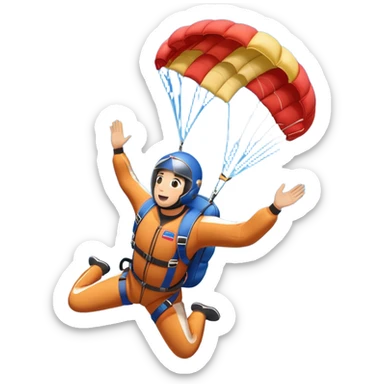 A skydiver free-falling with an open parachute against a bright blue sky. Below, a plane is seen flying off into the distance. The scene captures the thrill and freedom of skydiving, with a clear sky, soft clouds, and a sense of high-altitude adventure. sticker