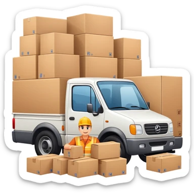 truck with a supplier in work uniform sitting inside, waving hi, cargo area overflowing with many boxes sticker