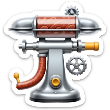 sausage-processing droid. retro-futuristic style. top is a circular industrial meat grinder with rotating gears and blades. Two robotic arms feed material into grinder. Sausage links extrude from the rear like  factory. The body is metallic, compact, and floats above the ground.no legs. Dark humor sticker