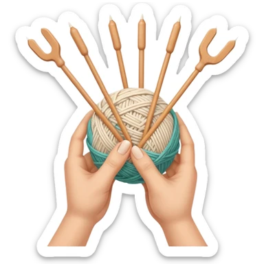 hands holding knitting needles with a ball of knitting thread (without a person's face) sticker