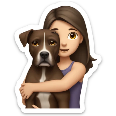 a girl with dark brown hair with gray eyes hugging a brown pit bull dog sticker