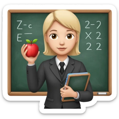 teacher standing in front of a blackboard teaching a class, holding chalk in hand, apple style emoji sticker