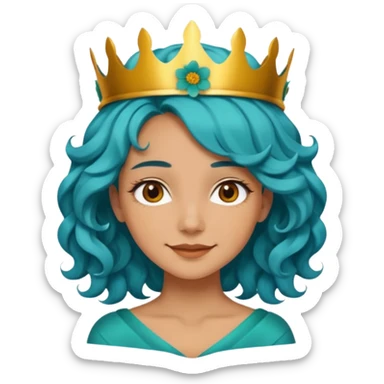 A woman with wavy teal-blue hair styled in loose curls. Her hair is adorned with large golden-yellow flower petals that resemble a crown. She has soft brown eyes, smooth skin, and a small friendly smile on her face. sticker