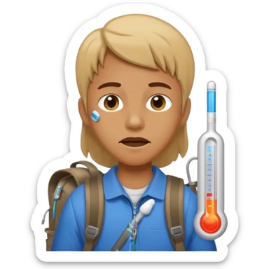 person travelling with backpack and a fever thermometer in there mouth sticker