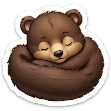 Meme-Worthy Cute Sleeping bear cub Portrait Emoji, Head resting peacefully with a contented smile, showcasing a massive, robust build and a luxuriously soft dark brown fur, eyes shut in a serene, restful nap, Simplified yet hilariously adorable features, highly detailed, glowing with a soft, drowsy light, high shine, relaxed and utterly lovable, stylized with an air of playful laziness, bright and heartwarming, soft glowing outline, capturing the essence of a comically sleepy bear cub, so meme-worthy it feels like it could instantly become the next viral sensation of adorable slumber! sticker