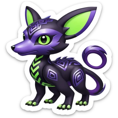 Futuristic modern badass cool shiny metallic alloy black-obsidian purple neon-green white lime animal hybrid Fakemon full body with intricate patterns sticker