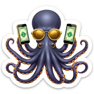 Intimidating octopus with pearl black skin, neon suction cups. Wearing mirrored sunglasses and a gold chain. 3 tentacles are holding their own cellphone, 2 other tentacles are holding stacks of money sticker