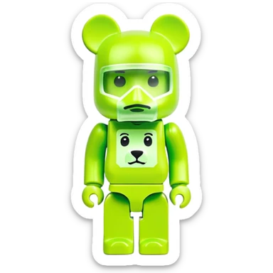 geometric bearbrick figurine with cube-shaped head, lime green balaclava with Supreme box logo on it, expressive eyebrows visible, toy design sticker