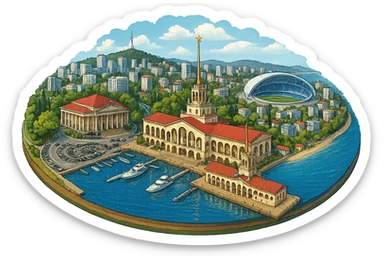 Изометричная, яркая, детализированная и фотореалистичная иллюстрация панорамы города Cочи на круглой подставке в стиле 3D-коллажей городов, здание Морского Порта, Зимний театр, стадион Фишт, море чёткие линии, слегка мультяшная стилистика, прозрачный фон, не обрезать края картинки sticker