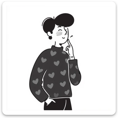 a handsome guy with black hair, looking slightly flushed and dreamy, showing signs of low blood pressure such as a gentle blush and relaxed posture, hand to cheek, subtle romantic hints suggesting his boyfriend is the cause, hand drawn doodle style sticker