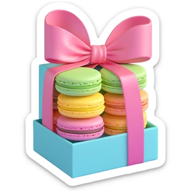 a box of macarons with a bow on top, festive, shiny, pastel colors, cute and gift-like sticker