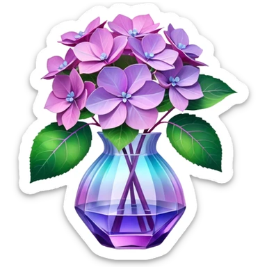 Hyperrealistic, 3D rendering, still life, smooth, clean thin lines, 8k, vivid purple and pink, very full lush Hydrangeas with detailed leaves. A soft iridescent pastel hue, crystal translucent glass vase, with satin and sparkly silk 3D bow sticker