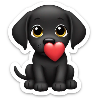 sitting black labrador puppy is holding a heart sticker