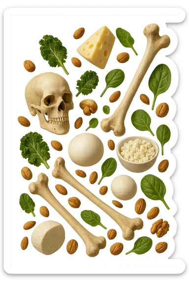 latticini, verdure a foglia verde, frutta secca fluttuano in aria insieme ad ossi umani realistici, iperrealistici 4k sticker