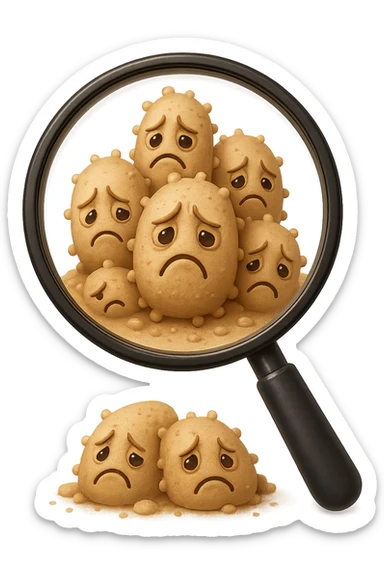 EMOJI STILE IPHONE DI una lente di ingrandimento che inquadra un cumulo di batteri intestinali tristi, IPERREALISTICO 4K sticker