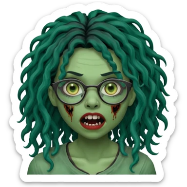 One female green-skinned, zombie super pretty with glasses, with ombre black roots & dark teal long locks and a side bang of her locs that fall over the right eye and a sinister expression with the mouth open, teeth showing, and the jaw uneven. with a small wound near its mouth. Make her locks curly sticker