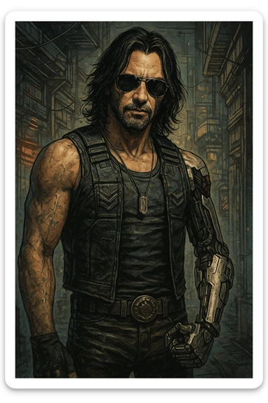 Johnny Silverhand, cyberpunk rockstar with a robotic arm, sunglasses, and a rebellious attitude, detailed illustration style sticker