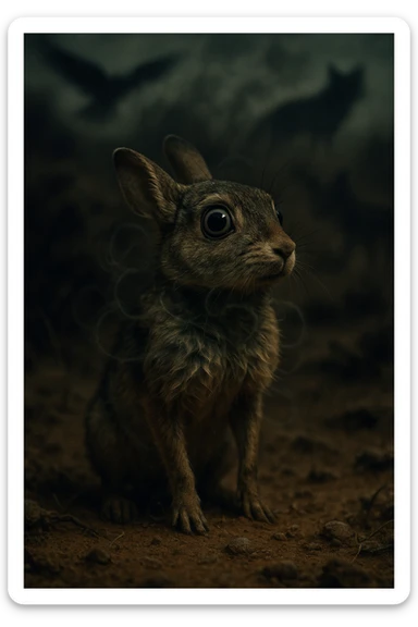 A hyperrealistic, cinematic illustration of a small wild animal, such as a rabbit or a meerkat, with wide, alert eyes and tense body posture, standing in a dry, rugged environment with predators lurking in the shadows. The animal's chest is visibly rising and falling rapidly, representing short, shallow breathing due to constant fear and vigilance. The background is dimly lit, with faint shadows of predators like hawks or foxes barely visible, symbolizing the ever-present threat. Around the animal, subtle visual representations of tension and stress appear as tight, dark rings or smoke near its chest and head, while the environment feels heavy and oppressive. The color palette is muted earth tones, with sharp focus on the animal’s tense face and rapidly moving chest, while the environment around is slightly blurred, emphasizing the feeling of isolation and perpetual fear. The style is 35mm film hyperrealistic with a storytelling, National Geographic documentary aesthetic, capturing the concept of an animal constantly living in fight-or-flight, breathing fast and shallow to survive sticker