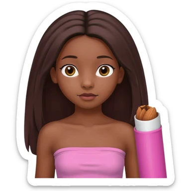 A black 12 yr old girl brushing her shoulder length hair, doe eyes, almond eyes pink tube top and black hair like the 3rd. The first one but hair straight and long and close to body sticker