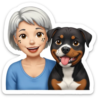 Pitt bull rottweiler white muzzle with black spots tongue out next to older woman with short silver hair sticker