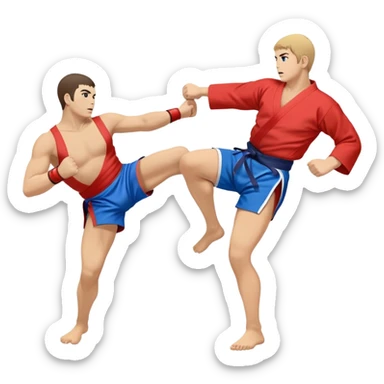 An icon symbolizing Sambo, featuring two fighters in blue and red kimonos with shorts and wrestling shoes. One executes a powerful throw, while the other attempts a defensive grab. The fighters are engaged in a grapple, using joint locks and sweeps.  sticker