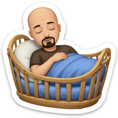 a bald, tan man who has a black goatee sleeping in a cradle sticker