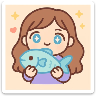 Make the girl more chibi style, give her blue eyes, and make her look slightly older (not too young), keep her holding a fish, digital art, kawaii style, twitch emote. sticker