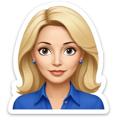 Linette Torres, 50-something Puerto Rican actress with fair complexion, beautiful mature facial features, bright expressive eyes, defined cheekbones with slight age lines, full lips with warm smile, blonde hair with sophisticated styling, wearing a stylish blue blouse sticker