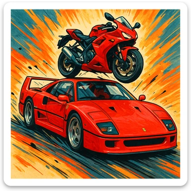 A stylized Ferrari F40 with a bright red motorcycle perched on top, energetic scene. sticker