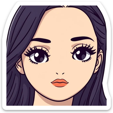 White girl with long oval face, huge round black eyes, big eyelashes, no makeup, natural lips, face closeup, long straight black middle-parted hair sticker