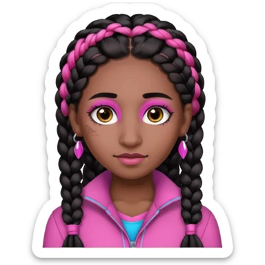 arikan, dark long hair whit pink 
and black braids. brown skin, smal round face and a big nose sticker