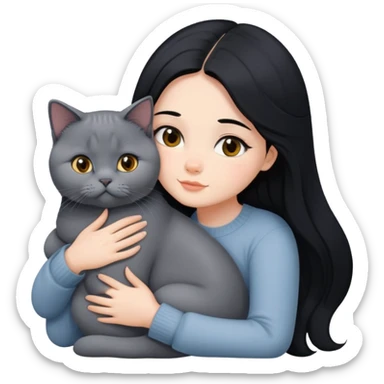 A beautiful girl with long black hair hugs a British Shorthair sticker