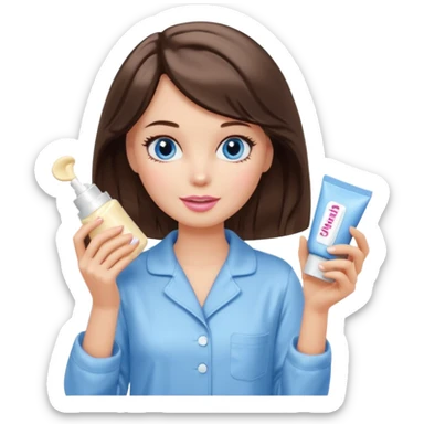 Barbie girl with makeup, blue eyes , and bob long haircut wavy, short brown hair in creamy color pajamas, face cream in hand sticker