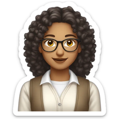 smiling indian teenage girl with curly hair and glasses wearing a collared long sleeve white shirt under a white sweatervest sticker
