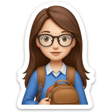 brown long hair woman, going to university wearing a glass, looks pretty no backpack just cure bag  sticker