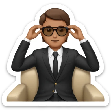 white man with brown hairs in formal suit wearing sunglasses resting with hands behind head sticker