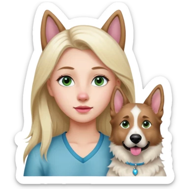 White European young woman with blue-green eyes and long blond hair with her white German Shepherd dog,the Dog hast a pink nose and short fur  and Brown eyes sticker
