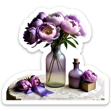 A vintage glass bottle with a slightly uneven surface holds a collection of pastel purple peonies, their petals unfolding in soft layers. A hand-dyed violet ribbon wraps around the neck of the bottle, its edges slightly frayed. Light passes through the dusty glass, casting shadows of overlapping petals onto a lace-covered table. A few loose petals rest nearby, their color fading toward the edges sticker