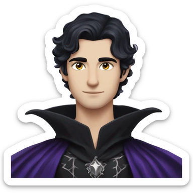 Rhysand has straight short blue-black hair, like a raven's feathers and violet/purple eyes with flecks of silver like starlight, he wears a black cloak and a black and silver crown sticker