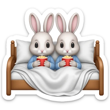 Two bunnies snuggling in bed under blanket while watching a movie sticker