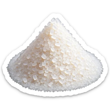 small pile of bright white granulated sugar, fine uniform grains, crystalline sparkle, clean dry evenly textured surface, soft lighting, subtle shadows, emoji scale sticker