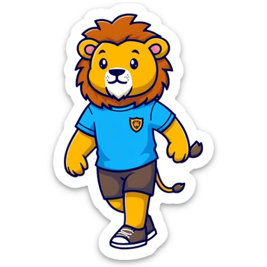 retro 1950s anthropomorphised lion in a t-shirt and shorts walking sticker