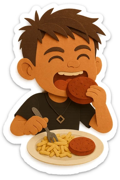 The same boy is now greedily chewing the meat patty sticker