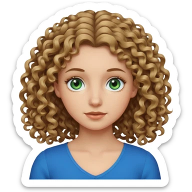 white girl with dark blonde shoulder length curly hair and blue-green eyes, neutral expression sticker