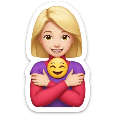 A woman with arms crossed holding neck laughing emoji sticker