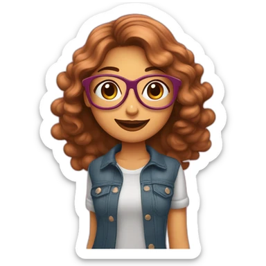 Chica de lentes, con expresión feliz, cabello marrón largo ondeado, labios color rosa oscuro, de tez trigueña reposando sus manos en la cabeza sticker
