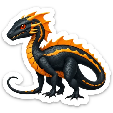 Magmatic fiery badass cool obsidian-Black and golden-orange Helioptile-Amaura-Salandit-Fakémon-hybrid-creature (full body)  sticker