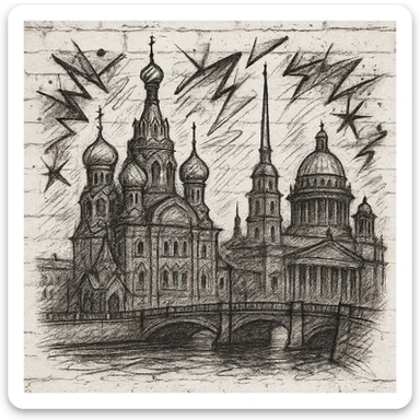 Сделай png рисунок Санкт-Петербурга в стиле граффити. Граффити черно-белое. Надписи не делай.  Рисовка в стиле Да Винчи. sticker