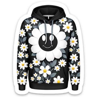 The BLACK Denim Tears Hoodie features a black base with distinctive black and white flowers. Each flower has a white outer ring with an empty space in the middle, creating a hollow, open design. These patterns are scattered across the hoodie for a bold and unique look. sticker