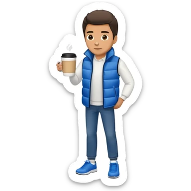 full body man with long sleeve white shirt with blue puffer winter vest with no pockets wearing straight blue jeans with no cuffs and black tennis shoes holding a coffee mug in one hand in front of him and nothing in the other hand sticker